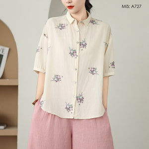 Áo sơ mi linen ngắn tay cổ đức thêu những chùm hoa - A727