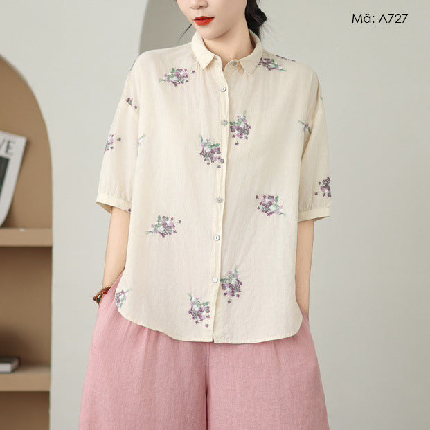 Áo sơ mi linen ngắn tay cổ đức thêu những chùm hoa - A727
