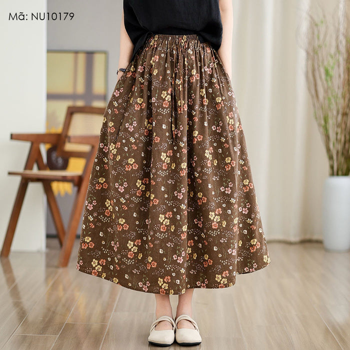 Chân váy linen lưng thun dây rút in hoa vintage - NU10179