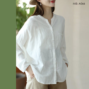 Áo sơ mi dài tay cổ tròn xẻ V một túi lớn - A066