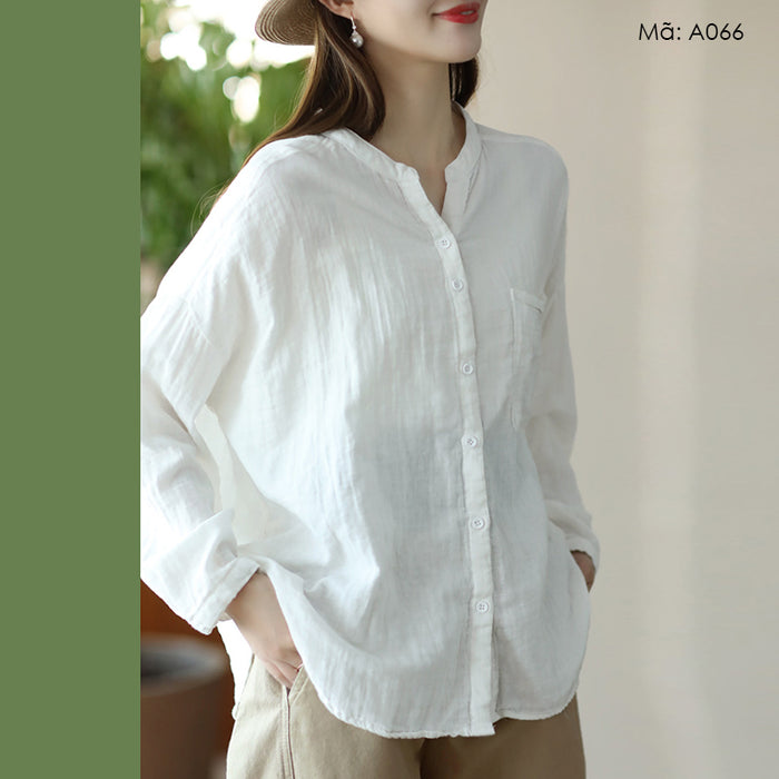 Áo sơ mi dài tay cổ tròn xẻ V một túi lớn - A066