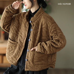 Áo khoác dài tay retro trần bông cổ đứng hai túi vuông - NU9338