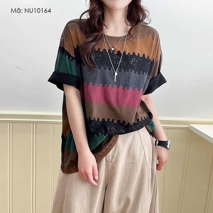 Áo T-shirt ngắn tay cổ tròn kẻ sọc sắc màu pixels - NU10164