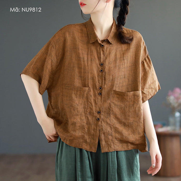 Áo sơ mi linen ngắn tay cổ đức túi vuông - NU9812