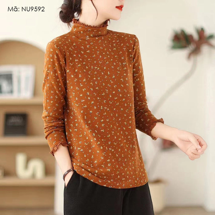 Áo T-shirt dài tay cổ lọ đính ren in hoa liti - NU9592