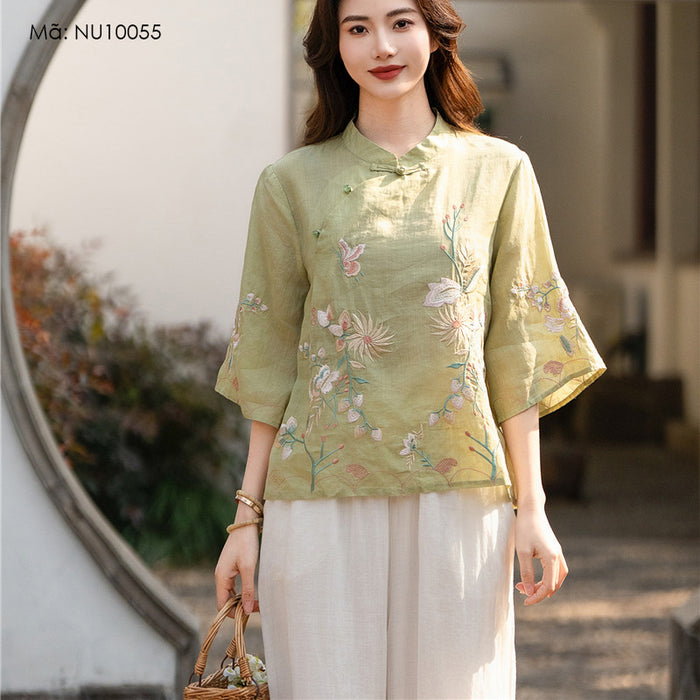 Áo sơ mi linen ngắn tay khuy tròn cài lệch thêu hoa lá - NU10055