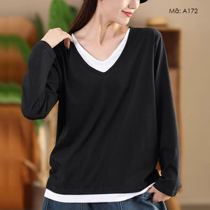 Áo T-shirt dài tay cổ V eo kiểu may bo - A172