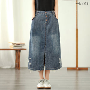 Chân váy denim lưng thun khuy cài - V172