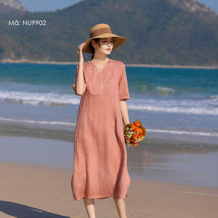 Đầm liền linen ngắn tay cổ V thêu hoa văn retro trước ngực - NU9902
