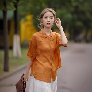 Áo sơ mi linen ngắn tay cổ đức thêu ren hoa lá - NU10058