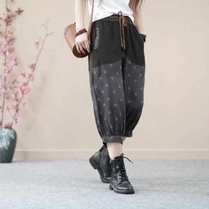 Quần baggy lửng denim lưng thun dây rút in hoa văn - NU8674