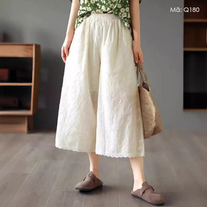 Quần baggy linen lửng thêu hoa văn retro - Q180