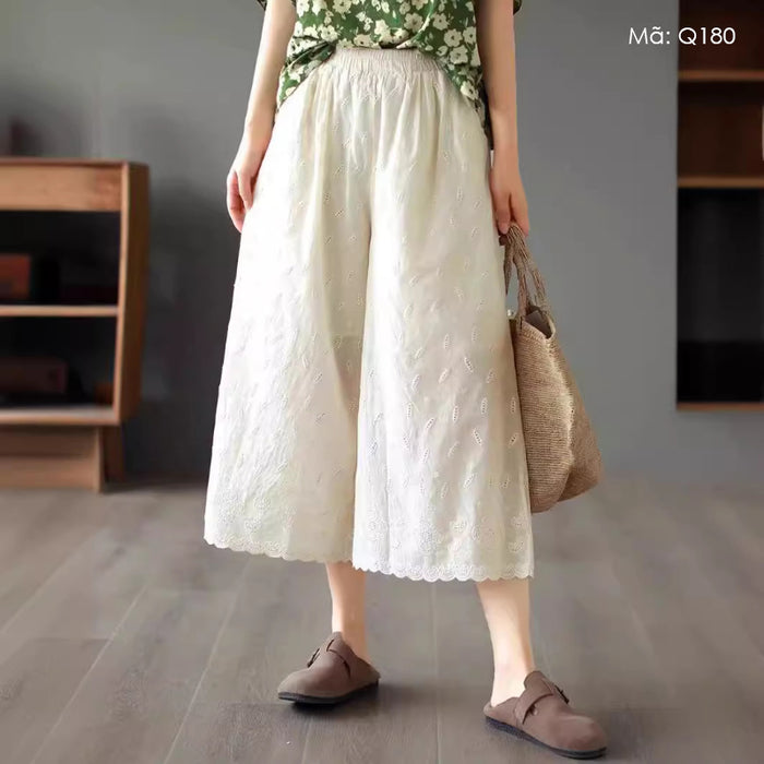 Quần baggy linen lửng thêu hoa văn retro - Q180