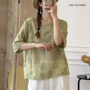 Áo sơ mi linen ngắn tay cổ tròn thêu hoa cẩm tú cầu - NU10403