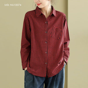 Áo sơ mi linen dài tay cổ đức túi lệch kẻ caro - NU10074