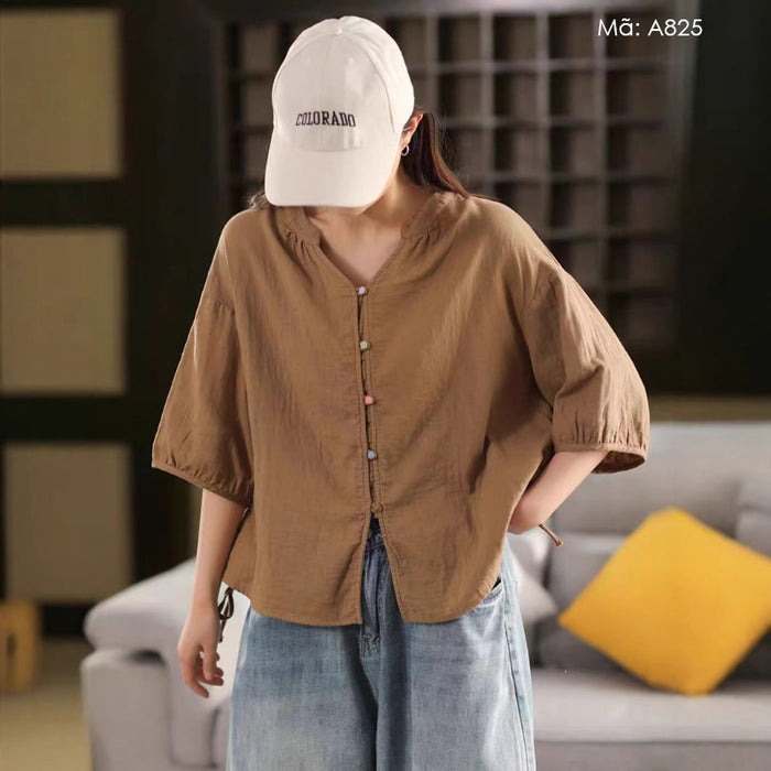 Áo sơ mi linen ngắn tay cổ đứng khuy tròn - A825