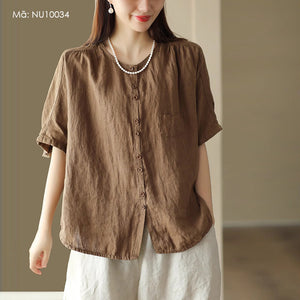 Áo sơ mi linen ngắn tay cổ tròn một túi nhỏ - NU10034
