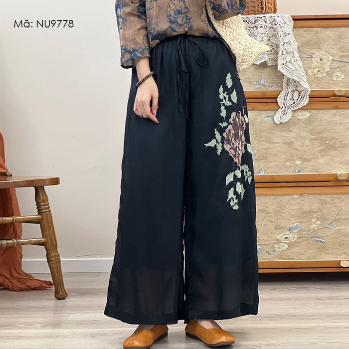 Quần baggy linen lưng thun ống rộng thêu hoa - NU9778