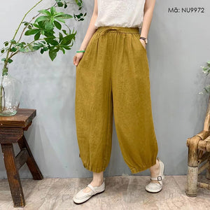 Quần baggy linen lửng lưng thun dây rút gấu xếp ly - NU9972