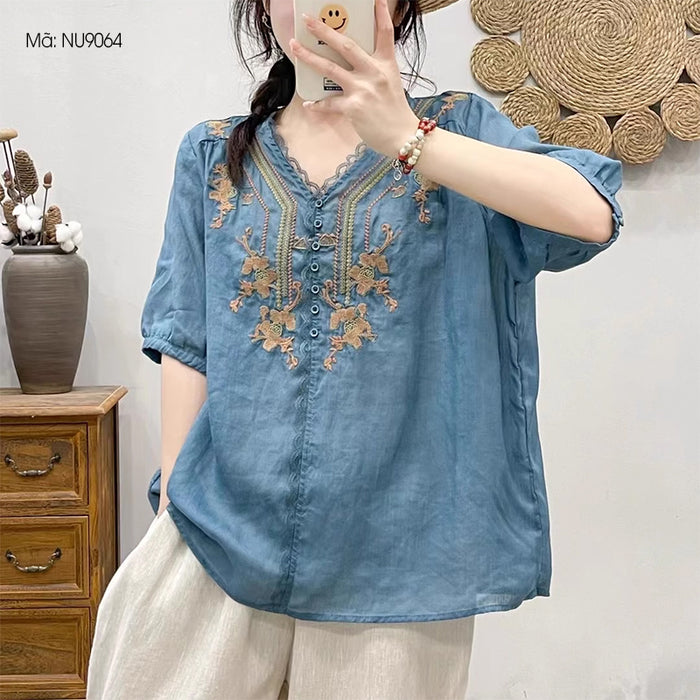 Áo sơ mi linen ngắn tay cổ V ren thêu đối xứng - NU9064