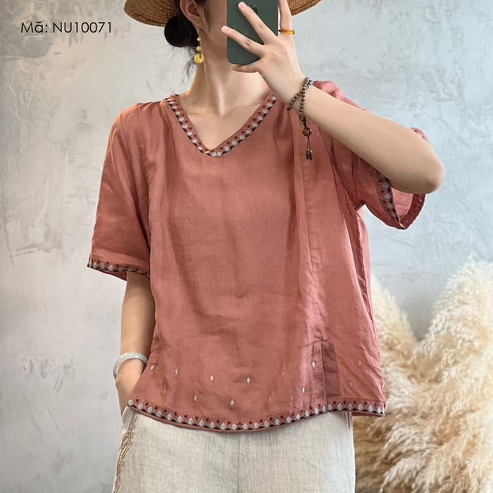 Áo T-shirt linen ngắn tay cổ V thêu bo viền - NU10071
