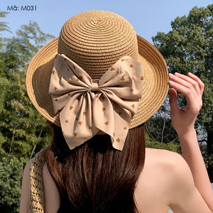 Mũ cói retro đính nơ to - M031