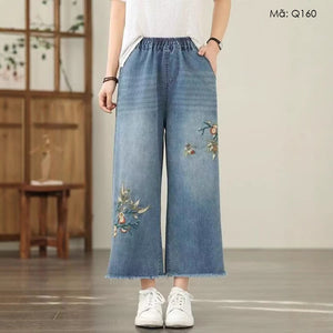 Quần baggy denim lửng lưng thun thêu trúc mai - Q160