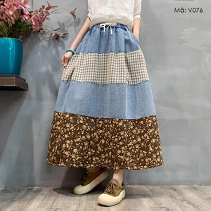 Chân váy denim lưng thun in hoa lá phối caro - V076