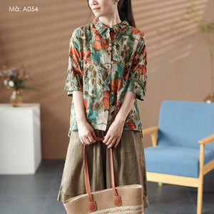 Áo sơ mi ngắn tay cổ đức in hoa lá retro - A054