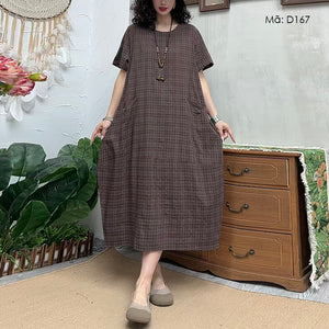 Đầm liền ngắn tay cổ tròn kẻ caro - D167
