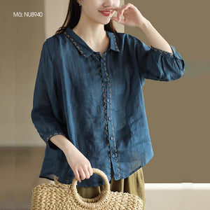 Áo sơ mi linen tay lửng cổ pipi thêu viền những bông hoa - NU8940