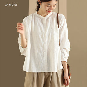 Áo sơ mi linen dài tay cổ tròn xếp ly thêu hoa văn đồng màu - NU9138