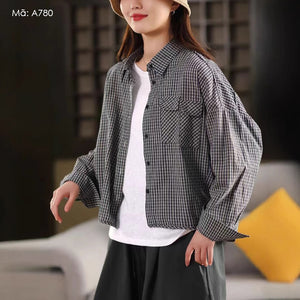 Áo sơ mi dài tay cổ đức kẻ caro kiểu túi đôi - A780