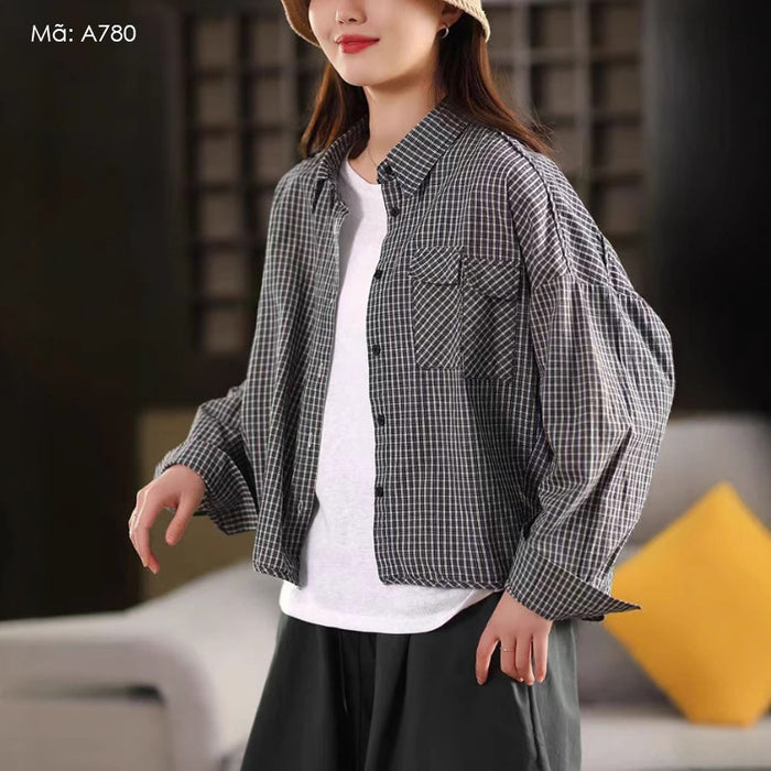 Áo sơ mi dài tay cổ đức kẻ caro kiểu túi đôi - A780