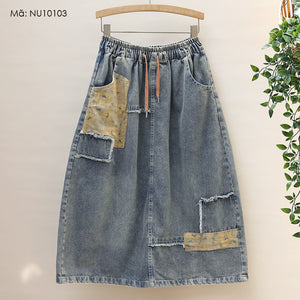 Chân váy denim lưng thun túi phối vải hoa - NU10103