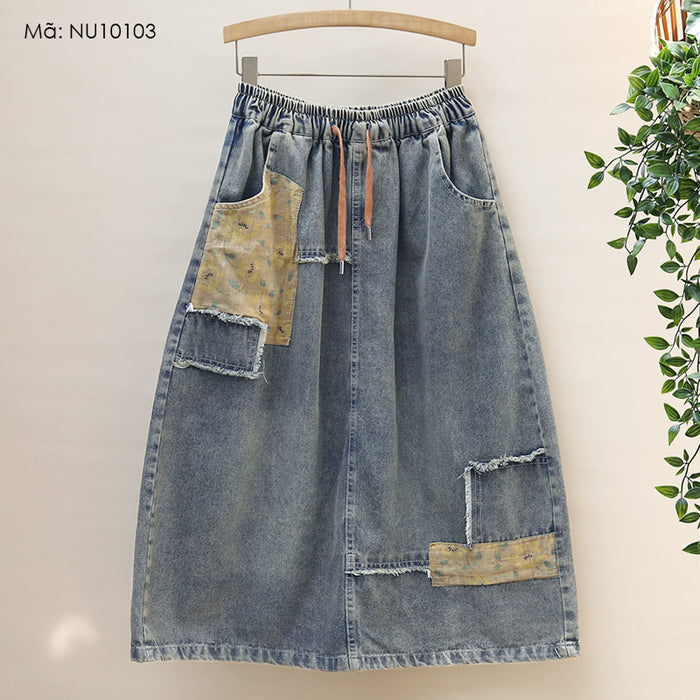 Chân váy denim lưng thun túi phối vải hoa - NU10103