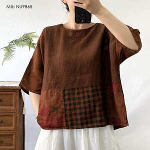 Áo T-shirt linen ngắn tay cổ tròn phối caro - NU9865