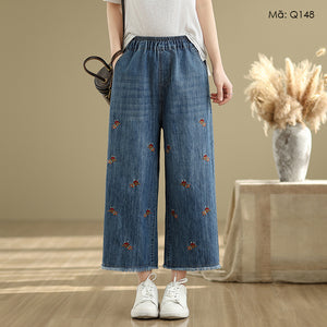 Quần baggy denim lửng lưng thun thêu những chú ong - Q148