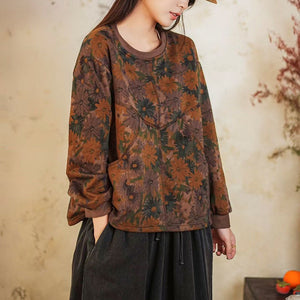Áo T-shirt dài tay cổ tròn in hoa lá hai túi chéo - A678