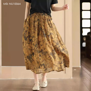 Chân váy linen retro lưng thun in hoa lá - NU10064