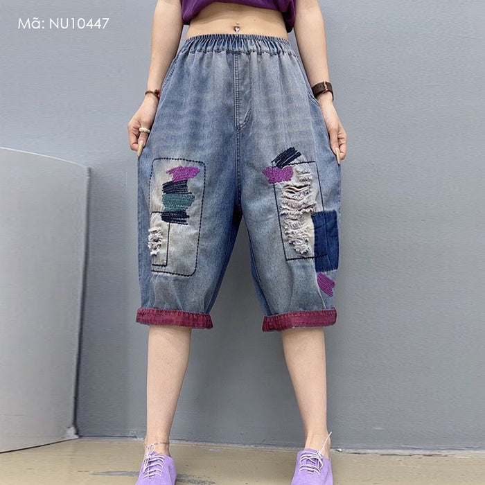 Quần baggy denim lửng lưng thun thêu ziczac mài rách - NU10447