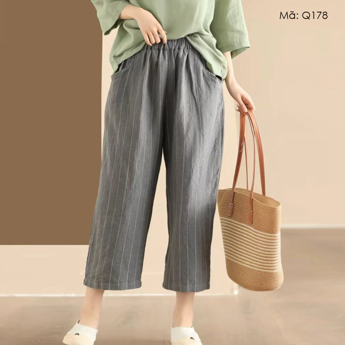 Quần baggy linen lửng kẻ sọc caro hai túi chéo - Q178