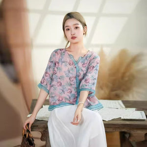 Áo sơ mi linen organza ngắn tay cổ V in hoa văn retro - NU10190