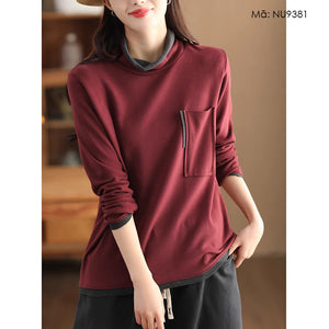 Áo T-shirt dài tay cổ lọ phối màu đơn sắc một túi - NU9381
