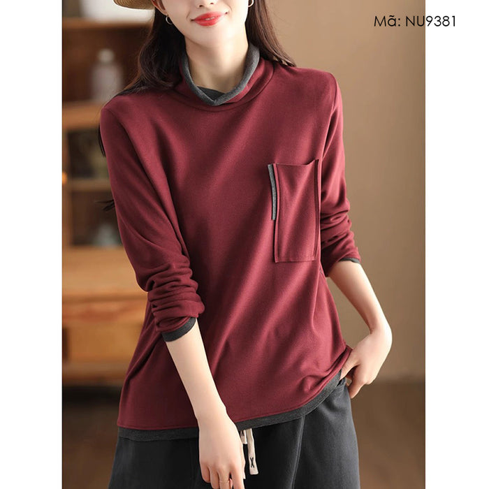 Áo T-shirt dài tay cổ lọ phối màu đơn sắc một túi - NU9381