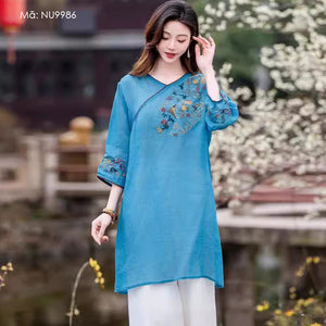 Đầm liền linen tay lửng cổ V thêu hoa văn retro - NU9986
