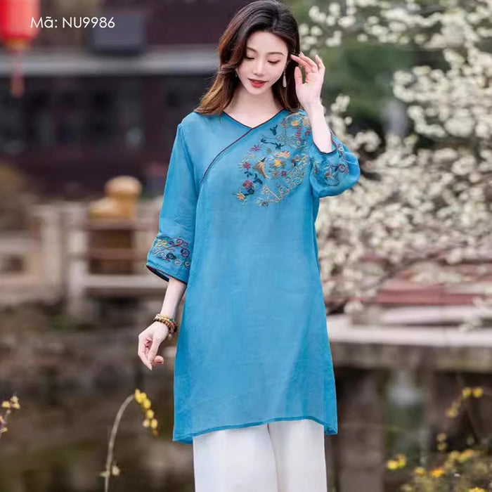 Đầm liền linen tay lửng cổ V thêu hoa văn retro - NU9986