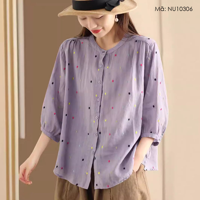 Áo sơ mi linen ngắn tay cổ tròn thêu những chấm màu - NU10306