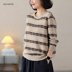Áo len dệt kim dài tay cổ tròn kẻ sọc - NU9128