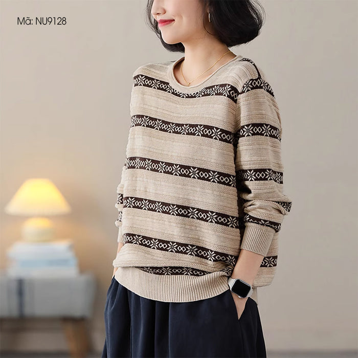 Áo len dệt kim dài tay cổ tròn kẻ sọc - NU9128